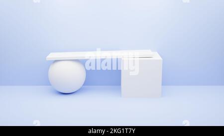Ein leeres weißes Podium, das einen Würfel und eine Pyramide auf einem hellblauen Hintergrund hält. Marmorständer auf hellblauem Hintergrund zur Produktpräsentation. Stockfoto