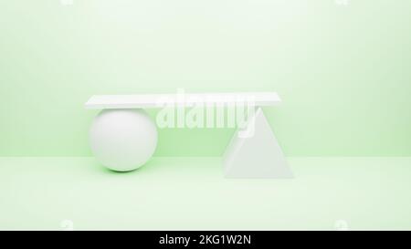 Ein leeres weißes Podium, das von einer Kugel und einer Pyramide auf einem hellgrünen Hintergrund gehalten wird. Marmorständer auf hellgrünem Hintergrund zur Produktpräsentation Stockfoto