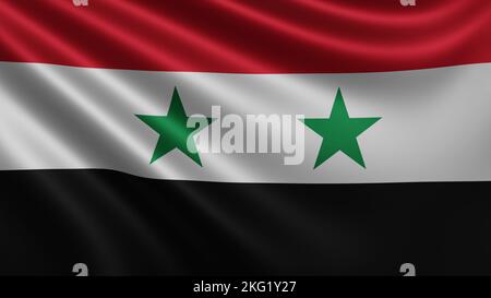 Rendering der syrischen Flagge flattert im Wind Nahaufnahme, die Nationalflagge Syriens in 4K Auflösung, Nahaufnahme, Farben: RGB. Stockfoto