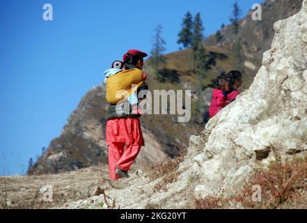 Eine nepalesische Frau, die im shey phoksundo-Nationalpark Nepal ein Baby in sich trägt Stockfoto