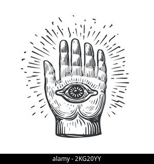 Hamsa oder Hand von Fatima Zeichen. Amulett, Symbol des Schutzes vor Teufelsauge. Handgezeichnete Vektor-Illustration mit Vintage-Skizzen Stock Vektor