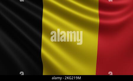 Darstellung der belgischen Flagge flattert im Wind Nahaufnahme, die belgische Nationalflagge flattert in 4K Auflösung, Nahaufnahme, Farben: RGB. Stockfoto