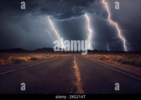 Eine Aufnahme einer Wüstenstraße mit einem intensiven Gewitter und Blitzen am Himmel aus tiefem Winkel Stockfoto