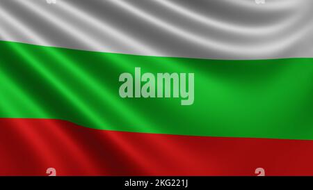 Darstellung der bulgarischen Flagge flattert im Wind Nahaufnahme, die bulgarische Nationalflagge flattert in 4K Auflösung, Nahaufnahme, Farben: RGB. Stockfoto