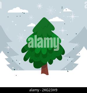 Weihnachtsbaum vor der Dekoration auf der Winterlandschaft. Frohes neues Jahr. Winterferien. Flacher Stil Stock Vektor