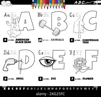 Schwarz-Weiß-Cartoon-Illustration von Großbuchstaben aus Alphabet Lernset zum Lesen und Schreiben Praxis für Kinder aus A bis F colori Stock Vektor