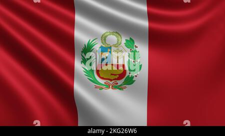 Darstellung der Peru-Flagge flattert im Wind Nahaufnahme, die Nationalflagge von Peru flattert in 4K Auflösung, Nahaufnahme, Farben: RGB. Stockfoto