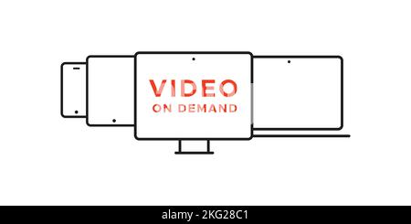 Gerätesymbole: Smartphone, Tablet, Laptop und Desktop-Computer. Video-on-Demand-Konzept. Vektorgrafik, flaches Design Stock Vektor