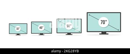 Smart TV-Symbol eingestellt. Bildschirmdiagonale in 32, 40, 50 und 70 Zoll. LCD-TV-Display. Computermonitor. Vektorgrafik, flaches Design Stock Vektor