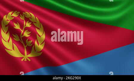 Rendering der Eritrea-Flagge flattert im Wind Nahaufnahme, die Nationalflagge Eritreas flattert in 4K Auflösung, Nahaufnahme, Farben: RGB. Stockfoto