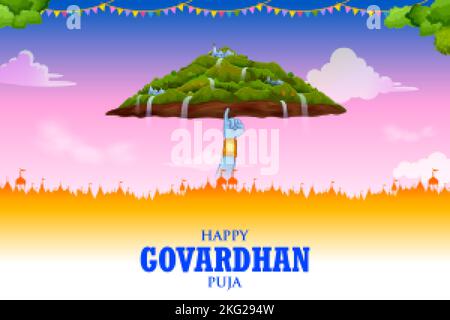 Illustration von Lord Krishna Heben Govardhan Berg auf Govardhan Puja Festival Hintergrund von Indien Stock Vektor