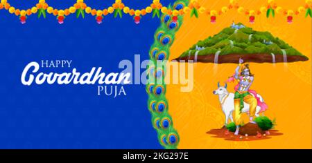 Illustration von Lord Krishna Heben Govardhan Berg auf Govardhan Puja Festival Hintergrund von Indien Stock Vektor