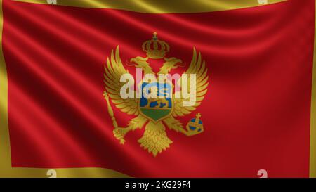 Darstellung der Montenegro Flagge flattert im Wind Nahaufnahme, die Nationalflagge Montenegros flattert in 4K Auflösung, Nahaufnahme, Farben: RGB. Stockfoto