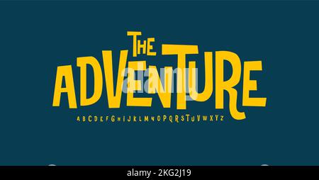 Adventure font moderner Hüpfburgen-Schriftsatz, lebhaft freundliches Alphabet. Verspielte, fröhliche Briefe im mexikanischen Stil von Los Muertos für Menüs, Etiketten, Schilder und Anzeigen Stock Vektor