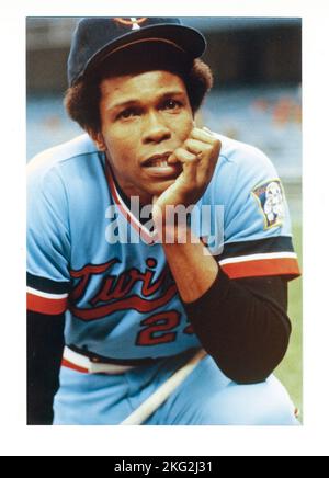 Ein Porträt der Hall of Fame First Baseman Rod Carew von den Minnesota Twins. Im Yankee-Stadion 1982. Stockfoto