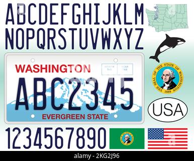 Washington US State Kfz-Kennzeichen, Buchstaben, Zahlen und Symbole, Vereinigte Staaten, Vektor-Illustration Stock Vektor