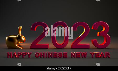 Frohes chinesisches Neujahr 2023 Jahr des Kaninchen-Konzepts isoliert auf schwarzem Hintergrund, 3D-Rendering. Stockfoto