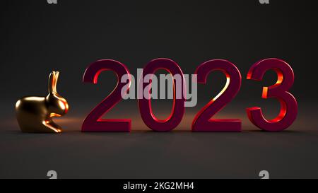 Text zum chinesischen Neujahr 2023 3D, das Jahr des Kaninchens, isoliert auf schwarzem Hintergrund. Stockfoto