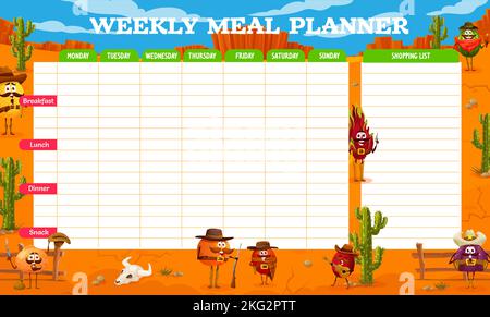 Wöchentlicher Speiseplaner mit westlichen Comic-Cowboy-, Banditen- und Ranger-Fruchtfiguren. Vector Wild West Food-Plan oder Mahlzeit Zeitplan mit Beeren Persönlichkeiten. Diätkalender Tagebuch mit Feige, Wassermelone, Orange Stock Vektor