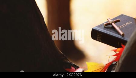 Wunderschöne herbstliche Blätter und rote Ahornblätter, die durch Bäume fallen, heiliges Kreuz von Jesus Christus und bibelbuch Stockfoto