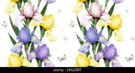 Nahtloses Muster aus Blumenschmuck Iris und Schmetterlingen auf einem hellen Hintergrund. Aquarell-Illustration, Handzeichnung. Floraler Hintergrund. Luxus-Wal Stockfoto