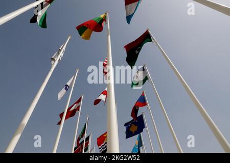 Flaggen der verschiedenen Länder, die auf der Dubai Expo 2020 vertreten sind. Vereinigte Arabische Emirate. Stockfoto