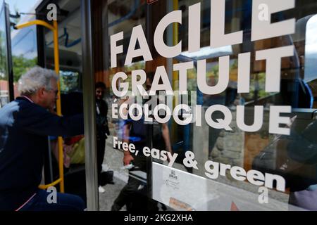 Facilibus in Saint Gervais. Strom betrieben. Kostenloser, einfacher und umweltfreundlicher Transport. Frankreich. Stockfoto