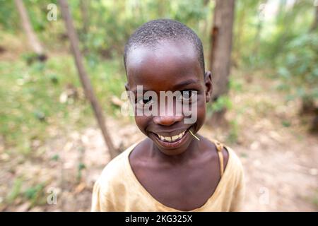 Mädchen, das in einem Wald im Süden Ruandas steht Stockfoto