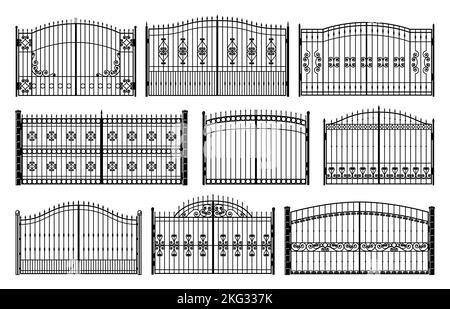 Eiserne Tore des Herrenhauses. Viktorianischer Stahlzaun, Park- oder Herrenhaus-Metalleingang im Retro-Stil. Eisengitter, viktorianisches Herrenhaus geschmiedete Tore mit Blumendekor Vektor Silhouetten Kollektion Stock Vektor