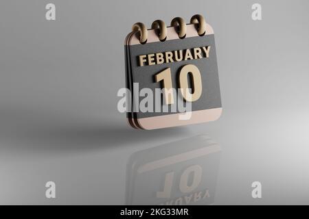 Schwarzer und goldener Kalender mit Monatsumrandungsdatum Februar 10. Modernes Design mit goldenen Elementen, 3D Rendering Illustration. Weiße Cerami Stockfoto