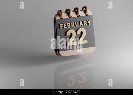 Stehend schwarz und golden Monat liniert Schreibtisch Kalender mit Datum Februar 22 modernes Design mit goldenen Elementen, 3D Rendering Illustration. Weiße Keramik Stockfoto