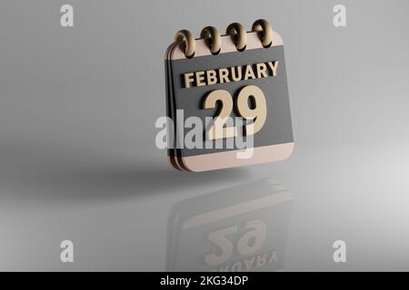 Schwarzer und goldener Kalender mit Monatsumrandungsdatum Februar 29. Modernes Design mit goldenen Elementen, 3D Rendering Illustration. Weiße Cerami Stockfoto