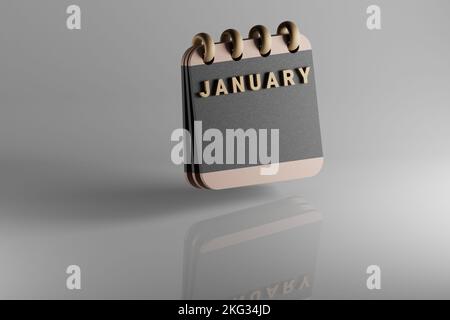 Schwarzer und goldener Tischkalender mit Monatsübersicht und Datum Januar. Modernes Design mit goldenen Elementen, 3D Rendering Illustration. Weiße Keramik re Stockfoto