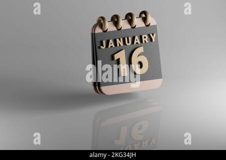 Schwarzer und goldener Kalender mit Monatsumrandungsdatum Januar 16. Modernes Design mit goldenen Elementen, 3D Rendering Illustration. Weiße Keramik Stockfoto