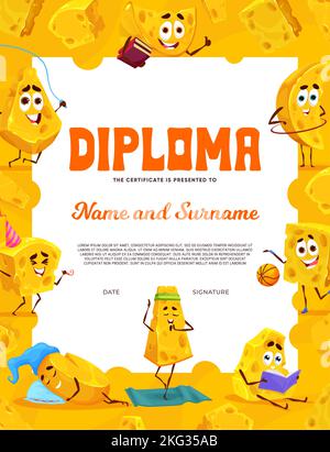 Kinder Diplom mit Cartoon gouda und maasdam Käse Figuren, Vektor-Zertifikat Vorlage. Kinder Bildung Diplom-Preis mit lustigen Käseköpfen über Sport und Yoga, Spiel und Basketball Stock Vektor