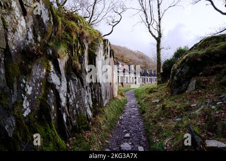 Ein Herbstspaziergang durch den Dinorwic-Schieferbruch in Llanberis, Snowdonia, Gwynedd, Nordwales, Großbritannien Stockfoto