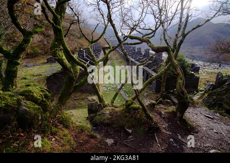 Ein Herbstspaziergang durch den Dinorwic-Schieferbruch in Llanberis, Snowdonia, Gwynedd, Nordwales, Großbritannien Stockfoto