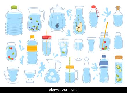 Glas- und Plastikflaschen und -Behälter, Trinkbecher und Getränkebecher, Vektor-lineare Symbole. Glas-Tasse Soda, Bier und Wein, Saftbehälter, Eistee-Becher, Whiskey-Karaffe und Mineralwasserflasche Stock Vektor