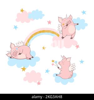 Set von Cartoon Schweine Einhörner auf den Wolken. Vektorgrafik, Zauberdruck für Kinder. Stock Vektor