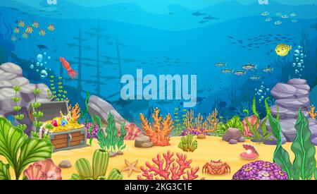 Cartoon Unterwasserlandschaft mit versunkenen Fregatte Schiff. Vektor-Spiel-Ebene Hintergrund mit Schiffswrack Schiff auf Meeresboden, Schatzkiste, Wasserpflanzen, Korallenriff, Felsen und Tiere. Ozeanlandschaft Stock Vektor