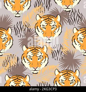 Vektor nahtloses tropisches Muster mit Tigerköpfen und Palmblättern. Stock Vektor