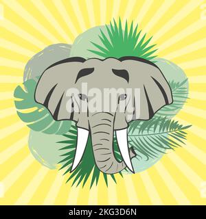 Vektor-Illustration von Elefantenkopf und Palmblättern. Stock Vektor