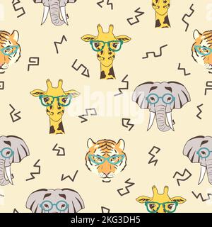 Nahtloses Muster mit niedlichen afrikanischen Tieren: Giraffe, Elefant, Tiger Stock Vektor
