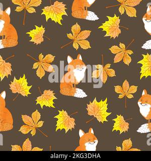 Nahtloses Herbstmuster mit niedlichen Füchsen und Blättern. Vektorgrafik. Stock Vektor
