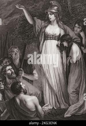 Boadicea bedrängt die Briten. Auch bekannt als Boudica, Boudicca, Boudicea, ? - 60 N. CHR. Königin des Iceni-Stammes der keltischen Briten. Sie führte einen Aufstand gegen die besetzenden Römer an. Aus einem Druck von Sharp, der 1795 nach dem Gemälde von John Opie veröffentlicht wurde. Stockfoto