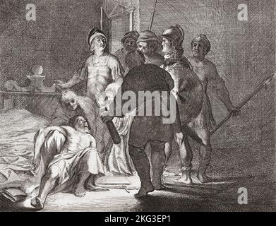 Der Tod von Cato dem Jüngeren. Marcus Porcius Cato, 95 v. Chr. - 46 v. Chr. Der Senator der römischen Republikaner, der nach Rückschlägen im Bürgerkrieg von Caesar Selbstmord beging. Nach einem Druck aus dem 18.. Jahrhundert. Stockfoto