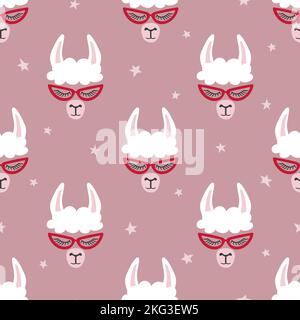 Niedliche lama Gesichter nahtlose Muster. Vektor rosa Hintergrund mit Lama Alpaca. Stock Vektor