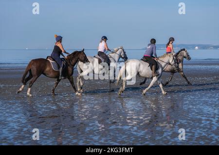 Reiten am West Wittering Beach im Sommer. Stockfoto