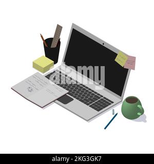 Gemütlicher, kompakter und moderner Arbeitsplatz in isometrischer Perspektive. Arbeitsplatz für Büroangestellte, Freiberufler, Designer, Schriftsteller, Programmierer oder Studenten. A Stock Vektor
