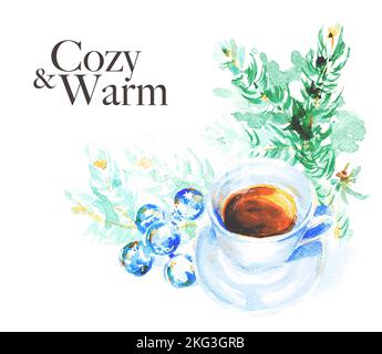 Wunderschöne Illustration einer Tasse heißen Tees mit dekoriertem Weihnachtsbaumzweig. Horizontales Format, Aquarell, handgemalt mit Papierstruktur. Stockfoto